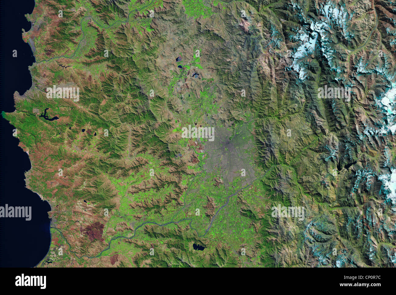 satellite image of Santiago, Chile, Andes Mountains Stock Photo
