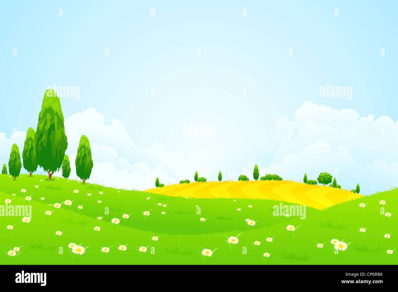 Green Landscape with Flowers Trees and clouds Stock Photo - Alamy