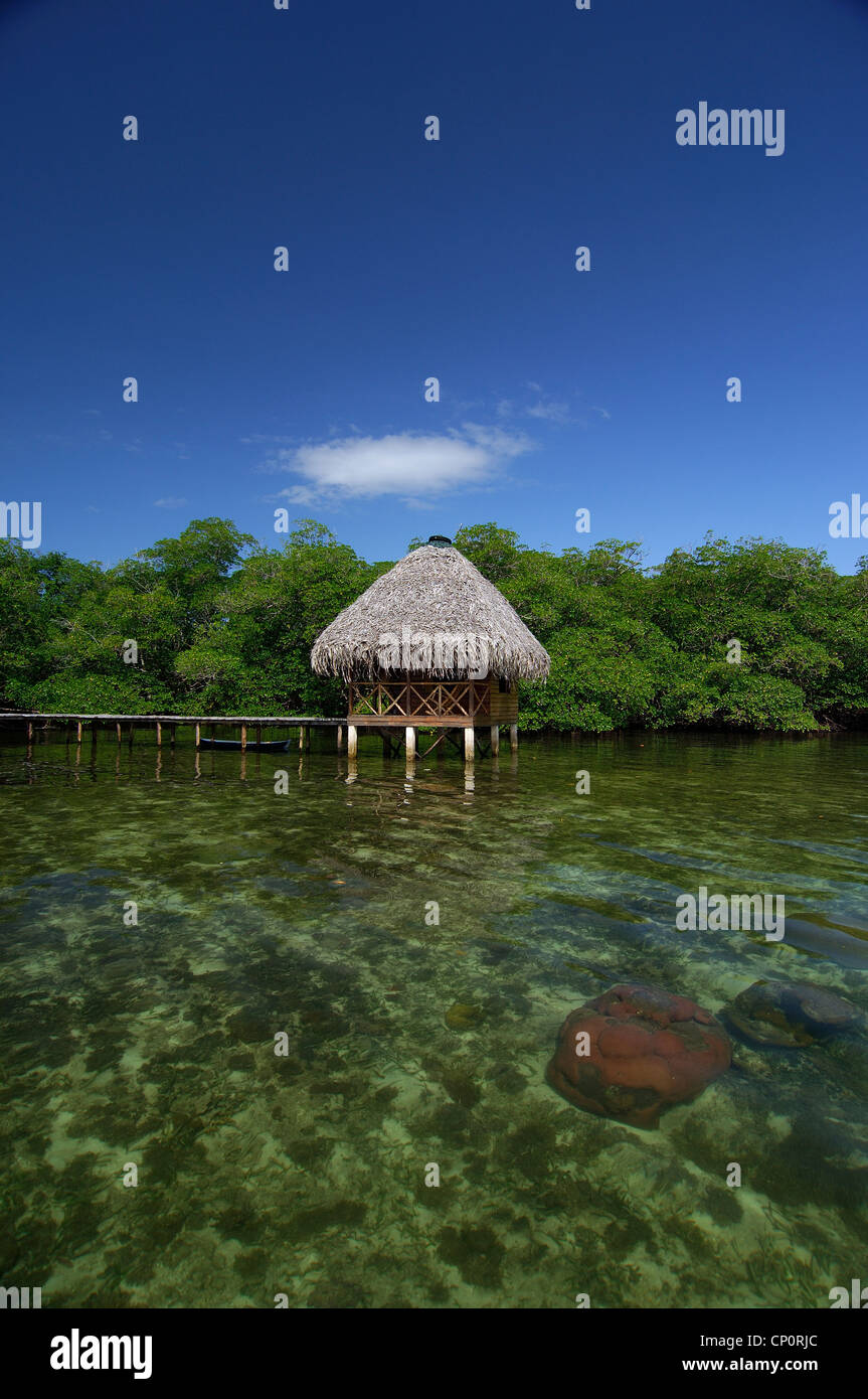 Thatched roof houses on stilts in water at Coral Cay Stock Photo Alamy
