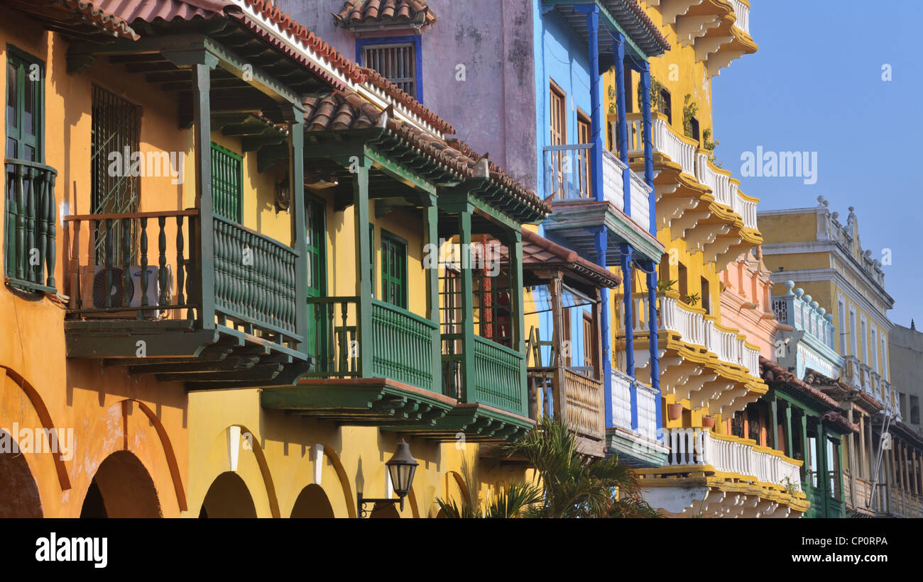 Balconies, part of Portal de los Dulces, Cartagena, Columbia Stock Photo