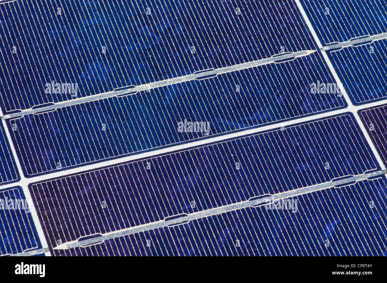 blue crystalline silicon photovoltaic solar panel background detail Stock Photo