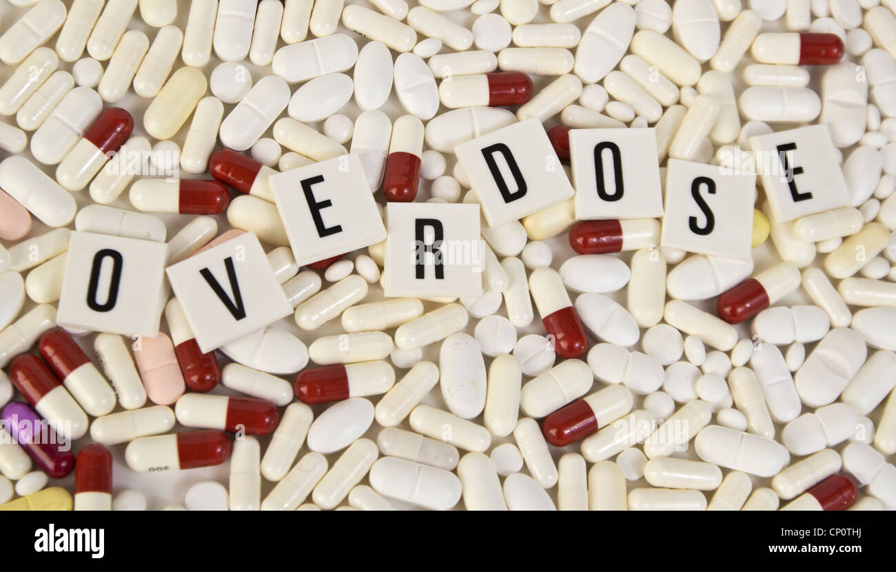 overdose written with pills Stock Photo