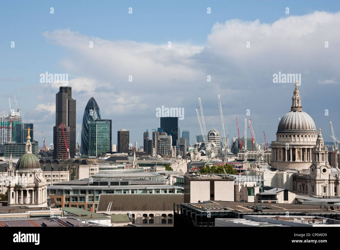 Horizontal Cityscape across the skyline of the City of London, showing the financial district in the distance, England, UK Stock Photo