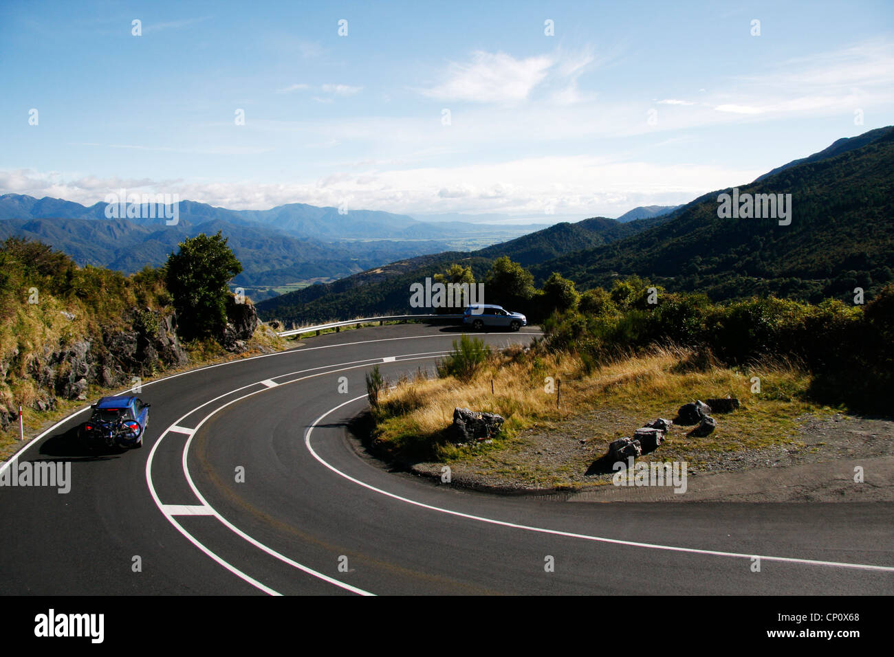 A view of Takaka Valley in the background on SH 60 to Golden Bay. Stock Photo