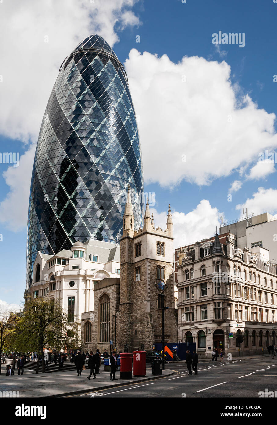 30 St Marys Axe the Swiss Re Tower better known as the Gherkin, London, England. Stock Photo