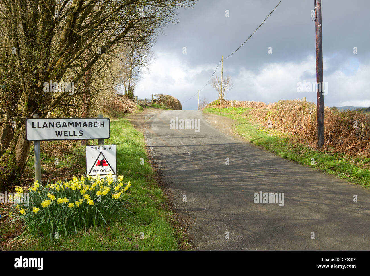 Sing for Llangammarch Wells, narrow countryside road in Wales UK. Stock Photo