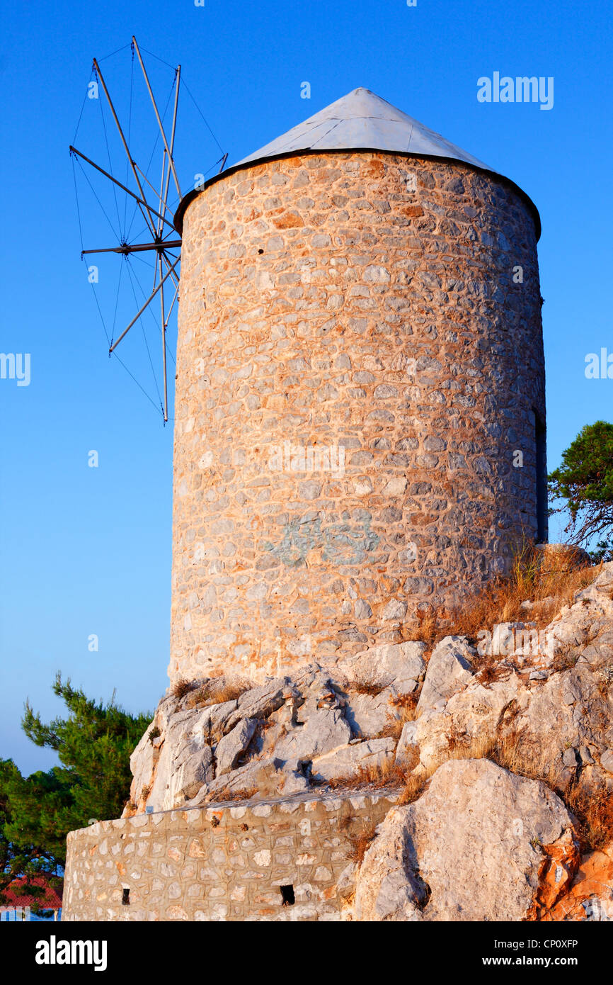 Windmill in Hydra island, Greece Stock Photo