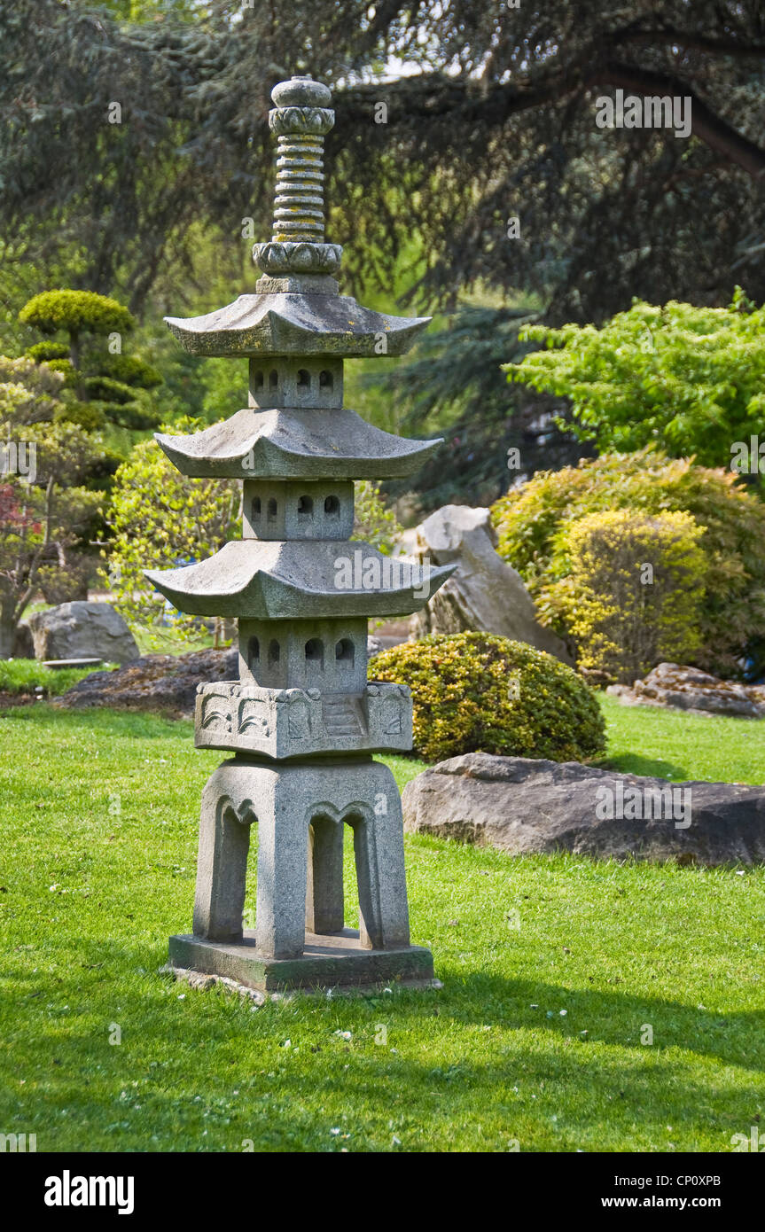 Japanese garden with a stone lantern in The Jardin d'acclimatation - Paris, France Stock Photo
