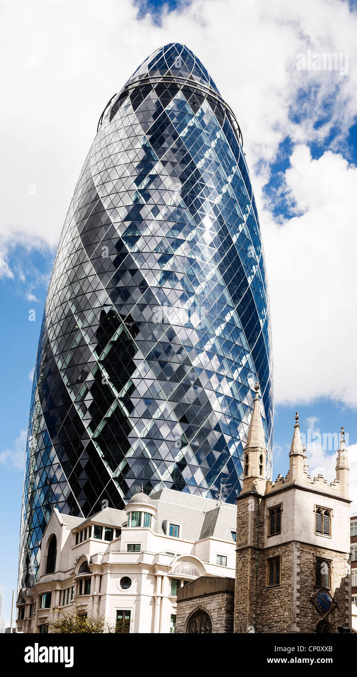 30 St Mary Axe the Swiss Re Tower better known as the Gherkin, London, England. Stock Photo