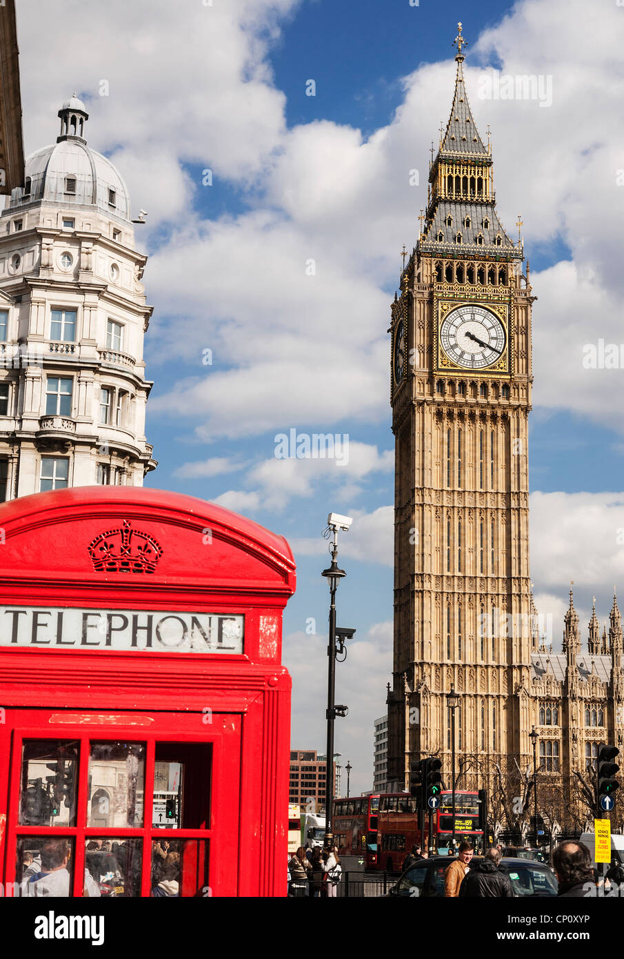 Red telephone box and the Big Ben clock tower 'Elizabeth Tower', London, England. Stock Photo