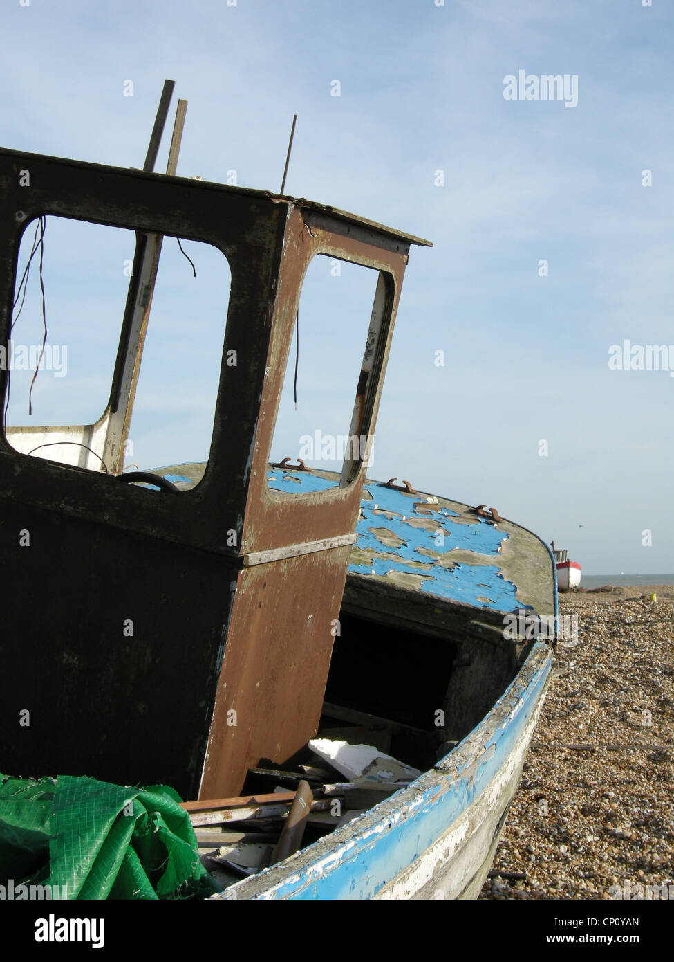 Work boat grounded on Dungeness beach. Stock Photo