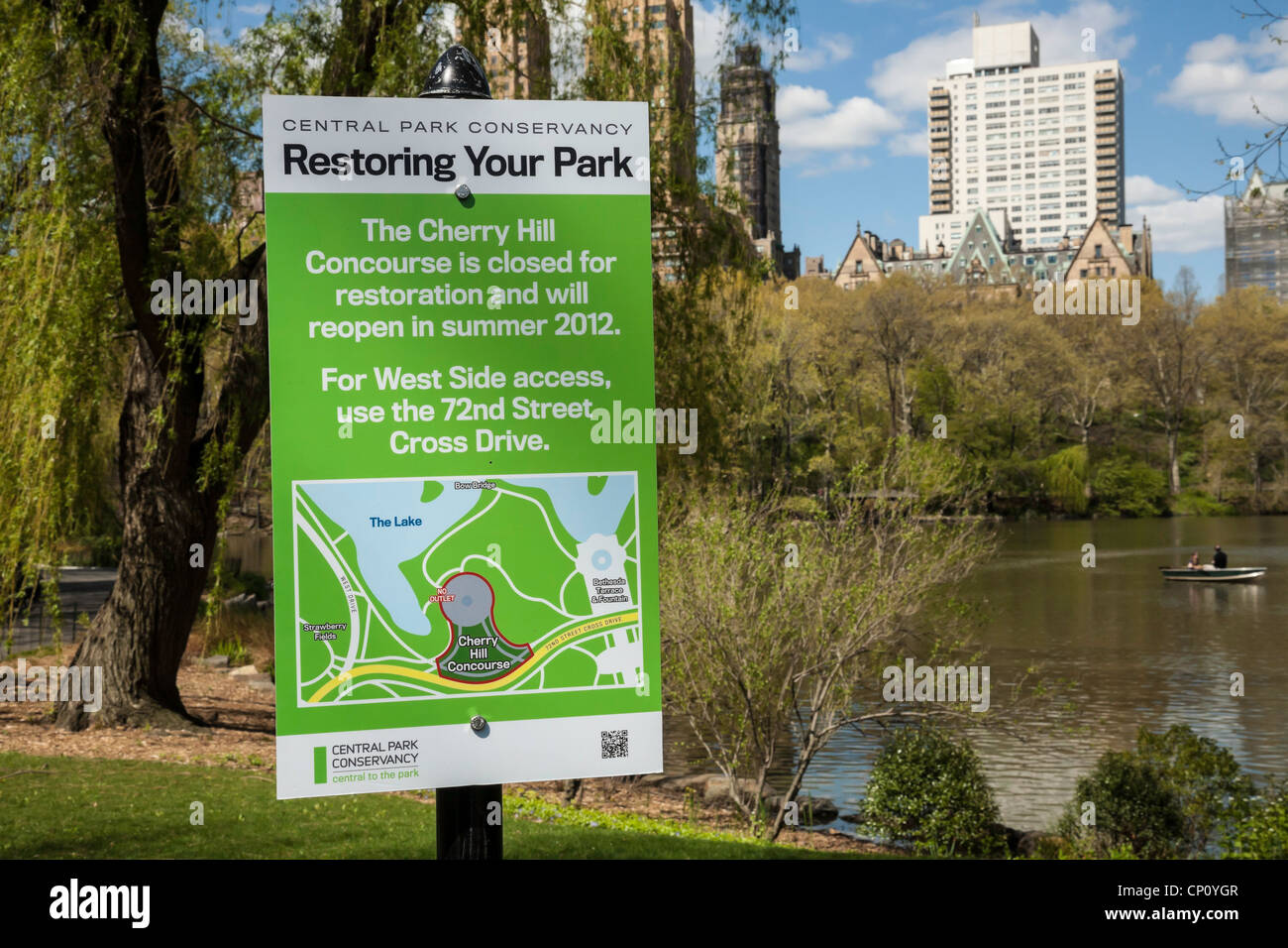 Cherry Hill improvement sign, Central Park, NYC Stock Photo