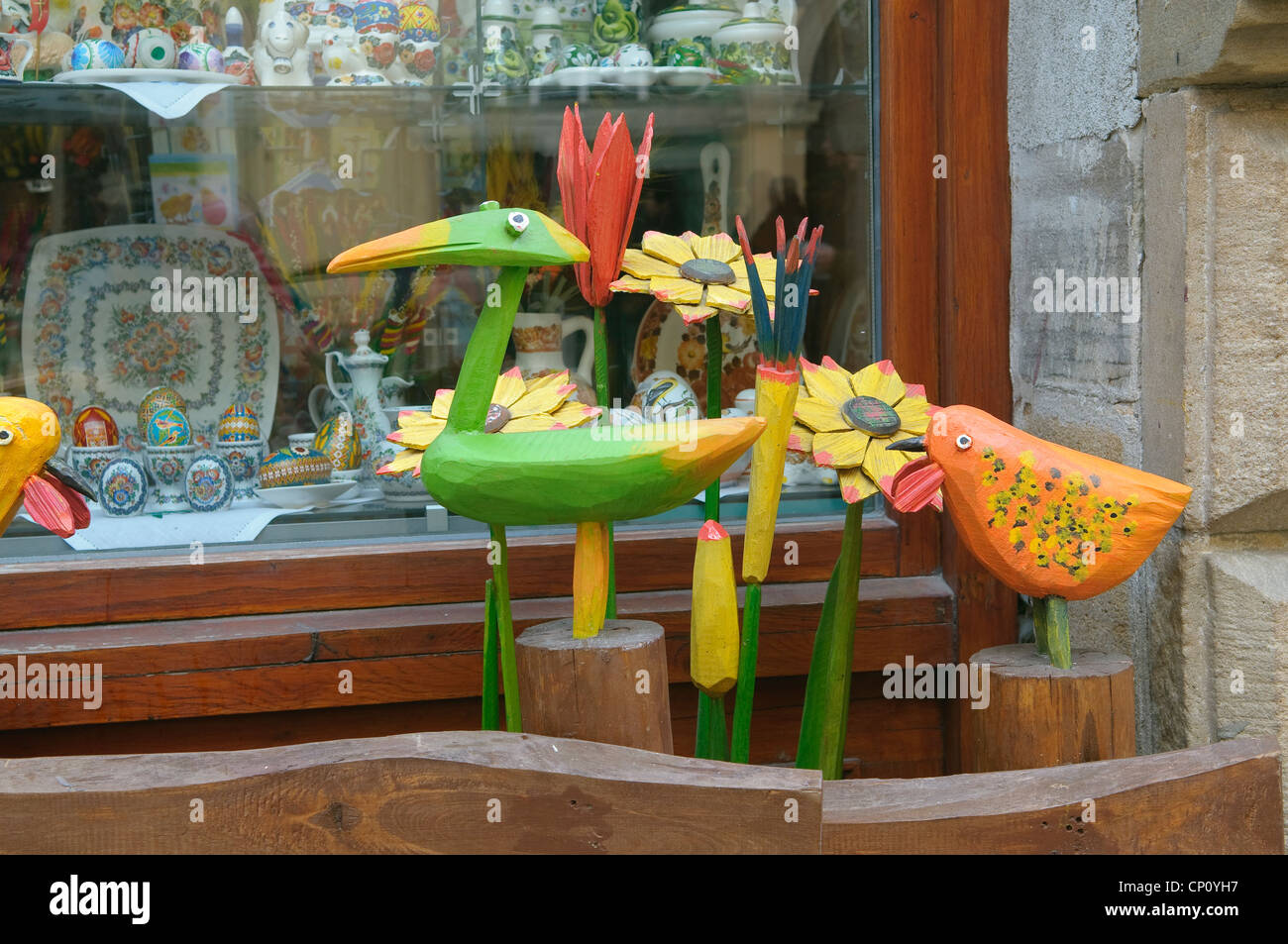 Folk art shop window in Krakow, Poland. Stock Photo