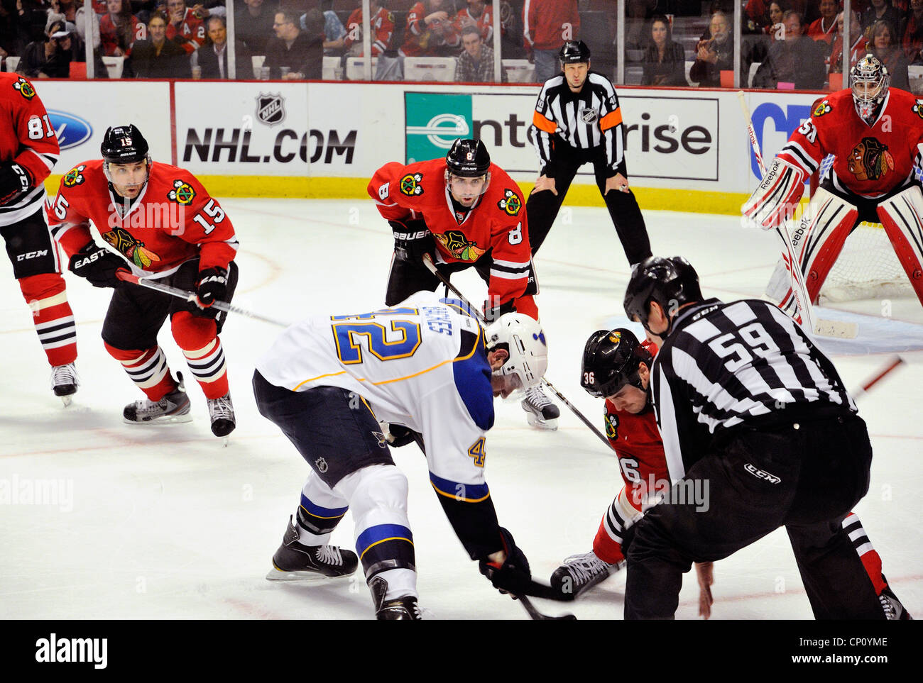 Faceoff during NHL's Chicago Blackhawks and St. Louis Blues. Stock Photo