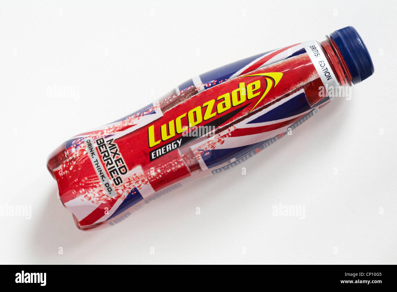 bottle of British Edition Lucozade energy mixed berries drink isolated on white background Stock Photo