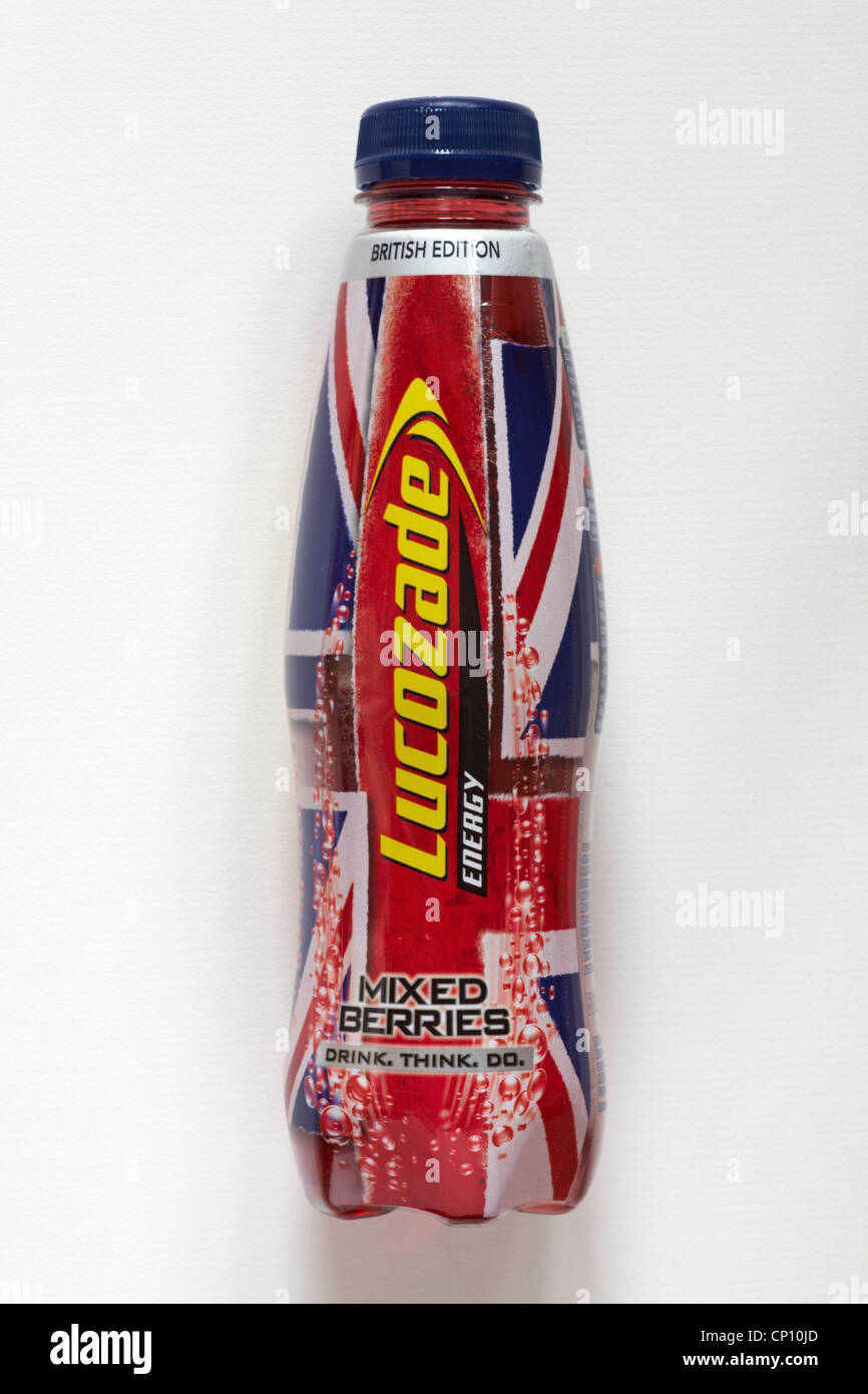 bottle of British Edition Lucozade energy mixed berries drink isolated on white background Stock Photo
