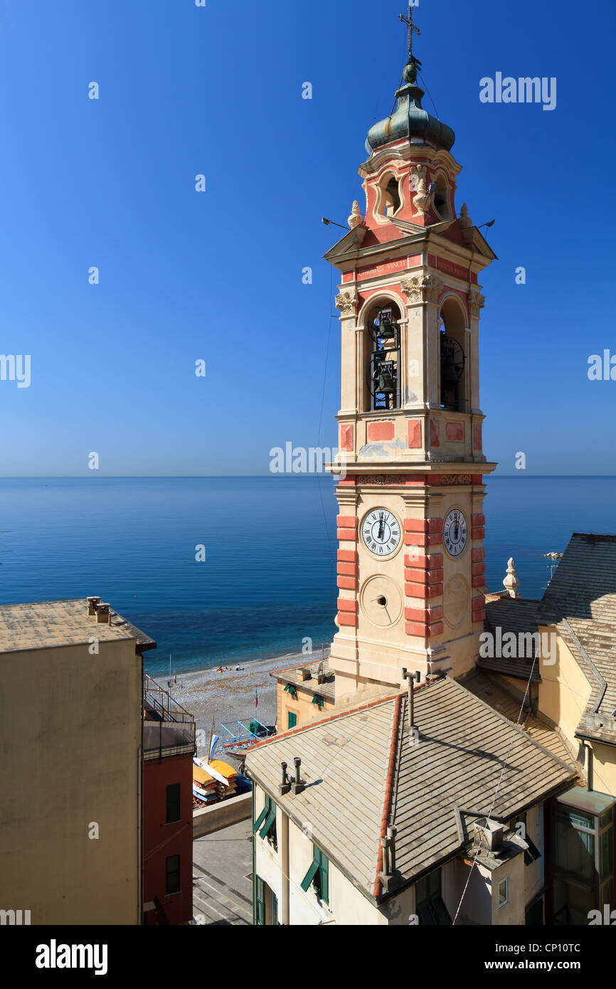 bell tower and village of Sori, small town in Liguria, Italy Stock Photo