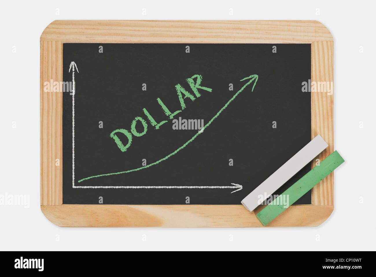 Chalkboard, a chart with an increasing curve. On the chalkboard is the word Dollar written. Green and white chalk. Stock Photo