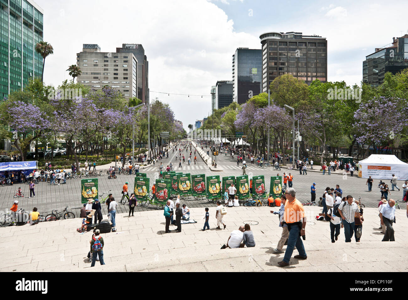 pedicabs cluster at base of Angel monument where strollers can view bicyclists bladers blooming jacaranda on Paseo de la Reforma Stock Photo