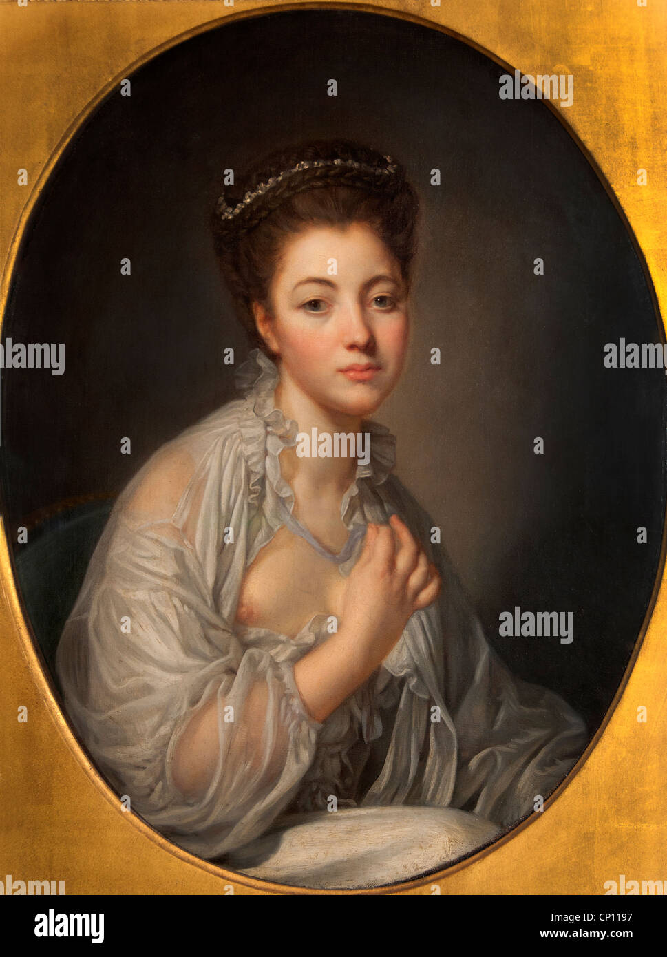 Peinture Portrait Femme Sous Verre – Style Greuze – Cadre Bois Ovale – Signé