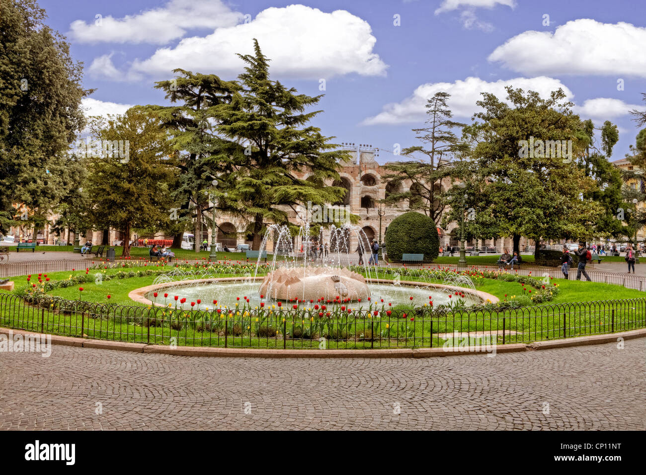 Park, Fountain, Piazza Bra, Arena, Verona, Italy Stock Photo
