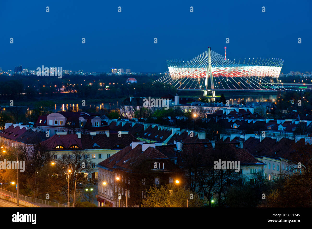 View of National Stadium at night, Warsaw, Poland Stock Photo