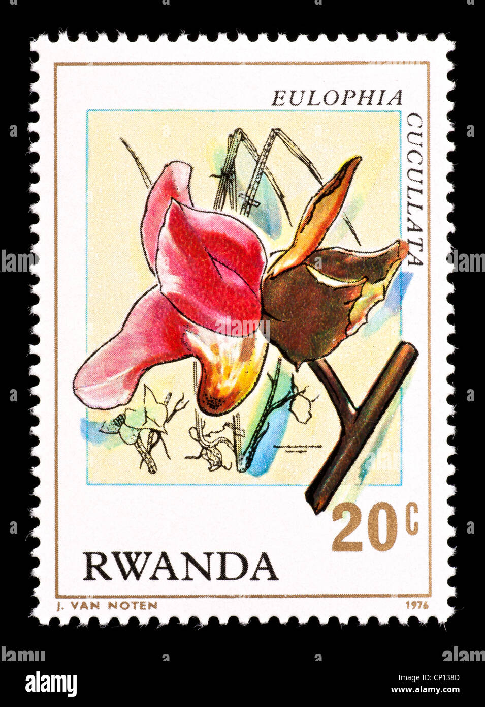 Postage stamp from Rwanda depicting a tropical orchid (Eulophia cucullata) Stock Photo