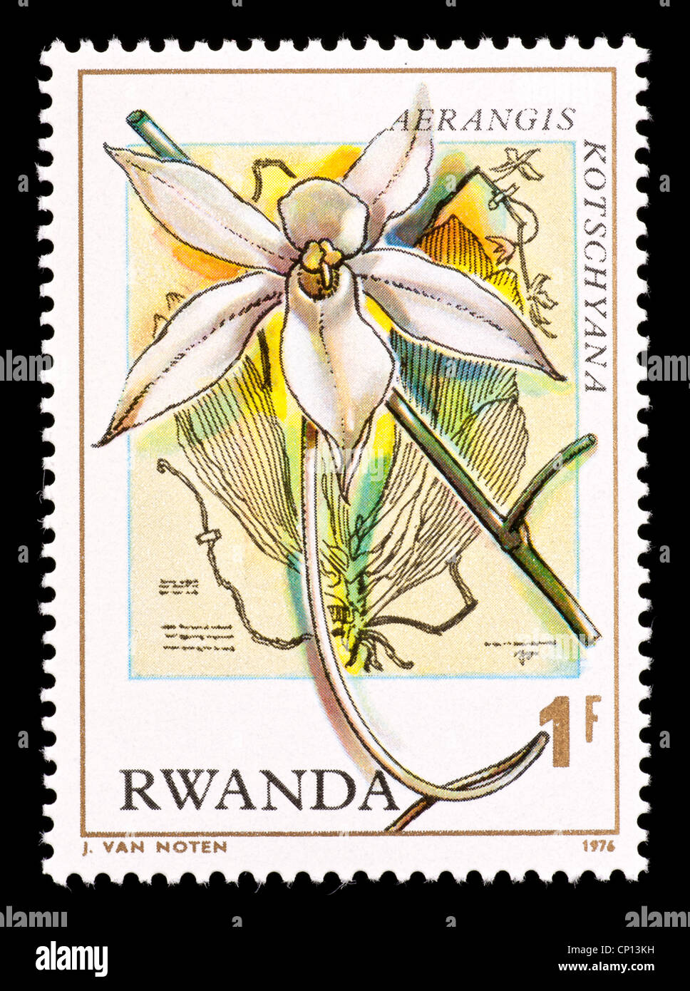 Postage stamp from Rwanda depicting an orchid (Aerangis kotschyana) Stock Photo