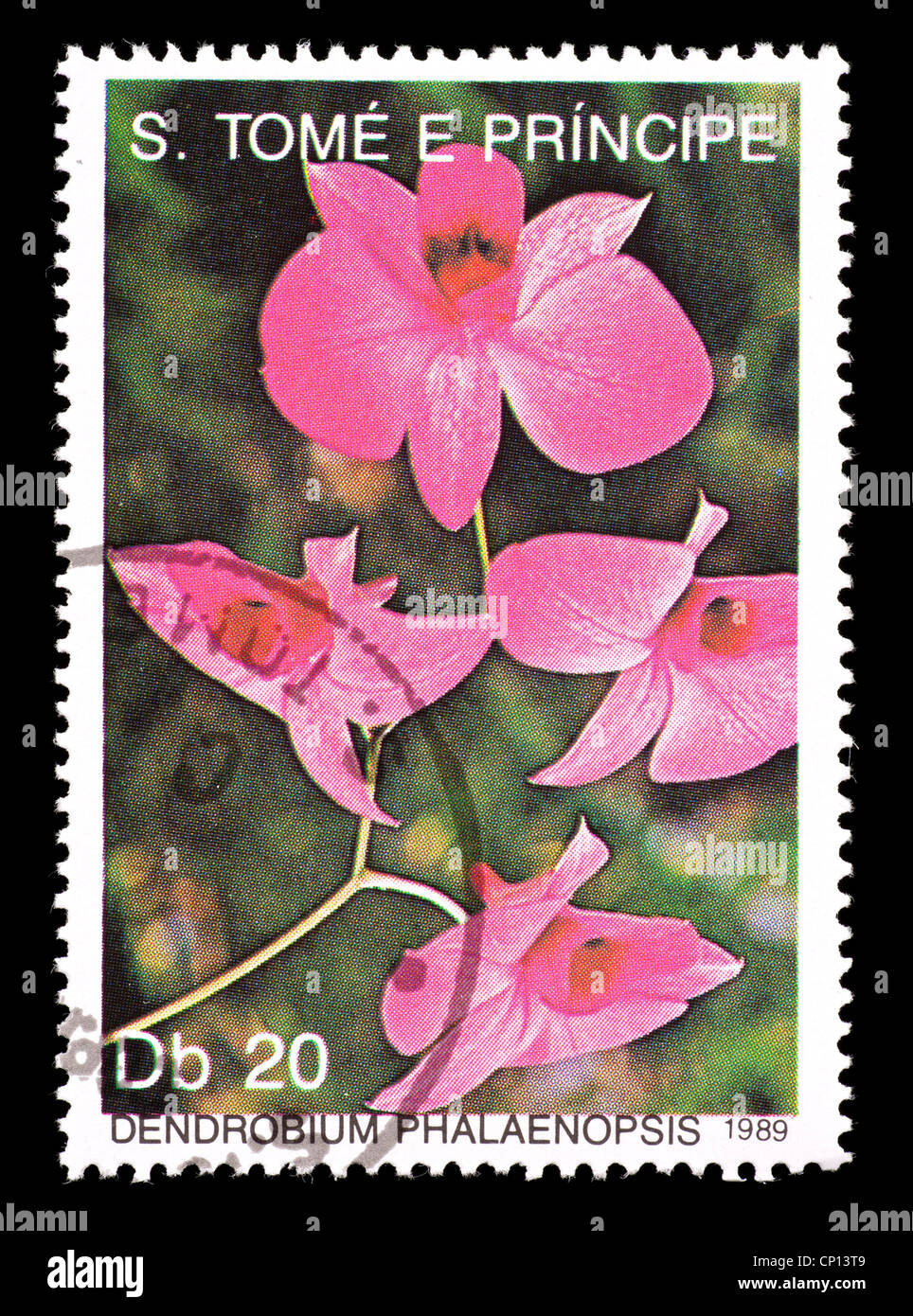 Postage stamp from Saint Thomas and Prince Islands depicting a pink orchid (Dendrobium phalaenopsis) Stock Photo
