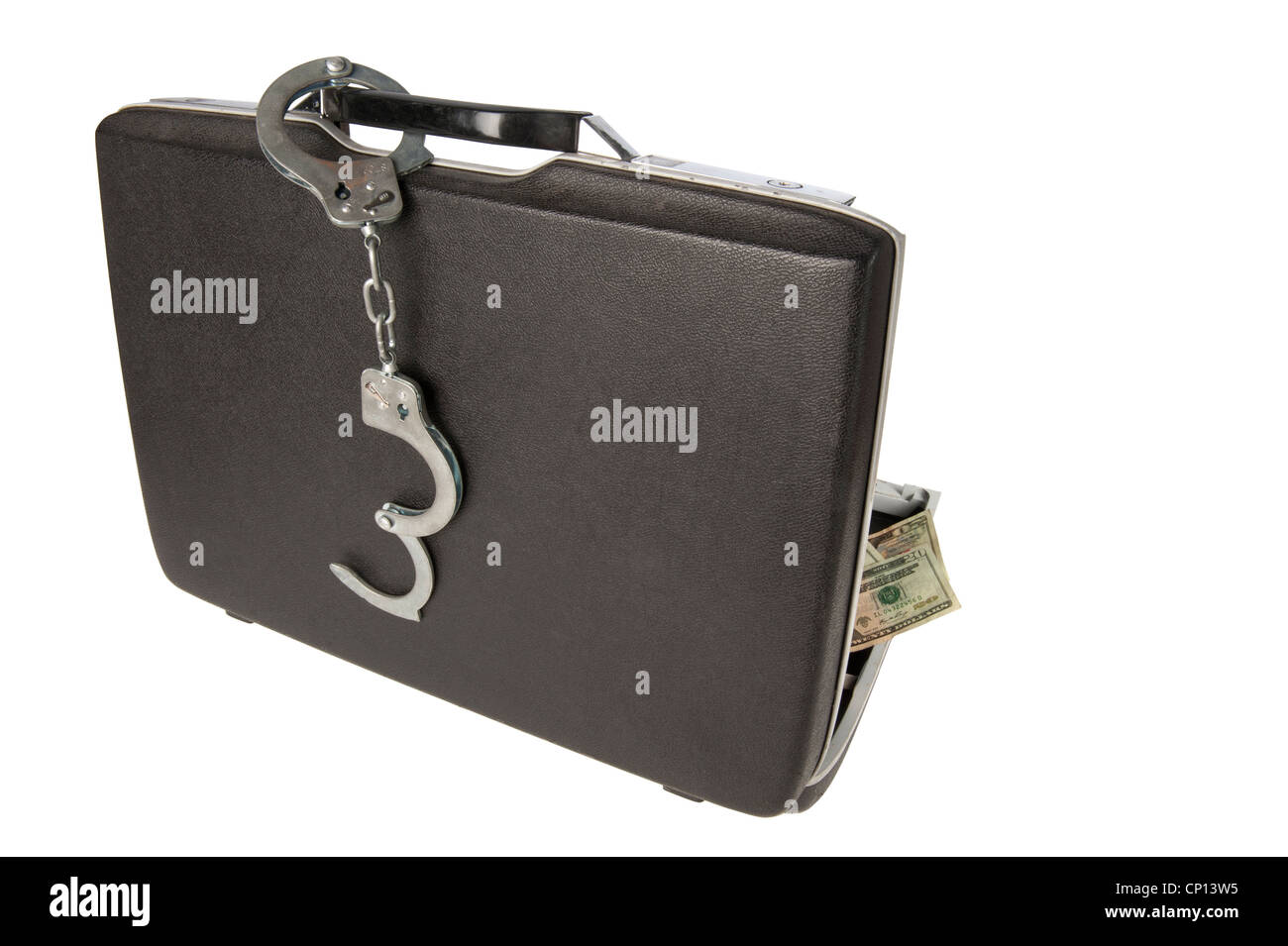 Hard-shell briefcase with stack of $20 U.S. bills visisble, handcuffs on the handle, isolated on a white background Stock Photo