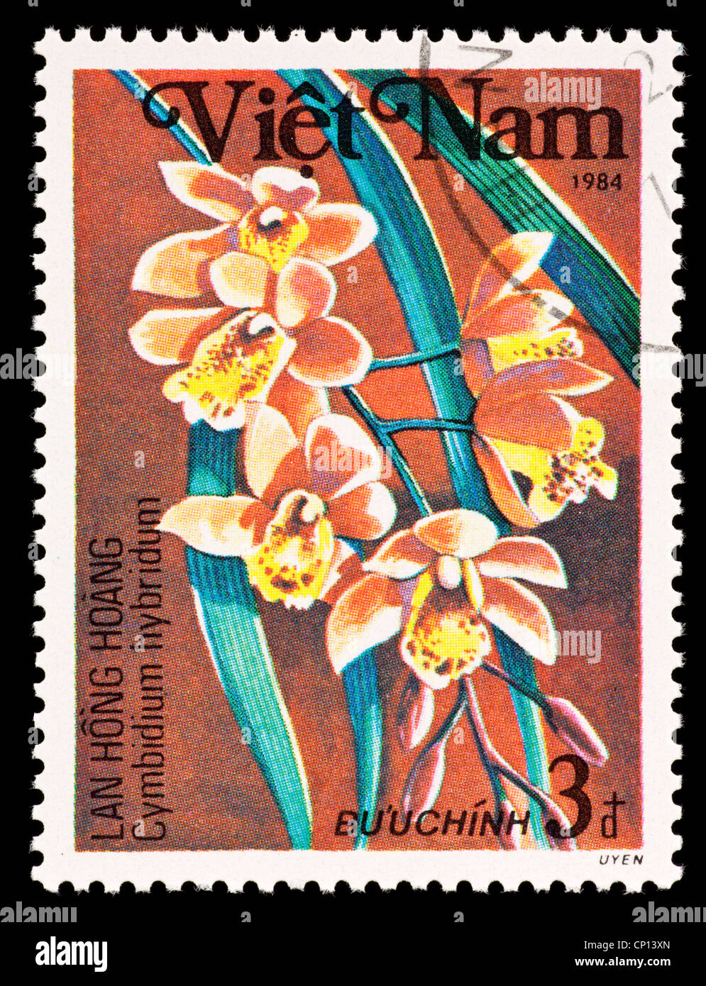 Postage stamp from Vietnam depicting a Cymbidium orchid hybrid Stock ...