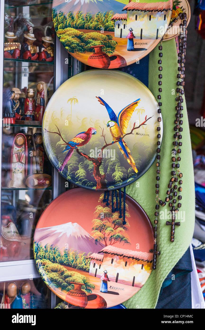 Decorative plates at souvenir shop at street market area in Quito, Ecuador Stock Photo