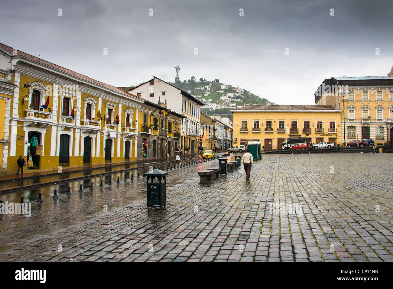 Rainy day at "San Francisco Square" or "Plaza San Francisco" in Old Town, Quito, Ecuador. Stock Photo