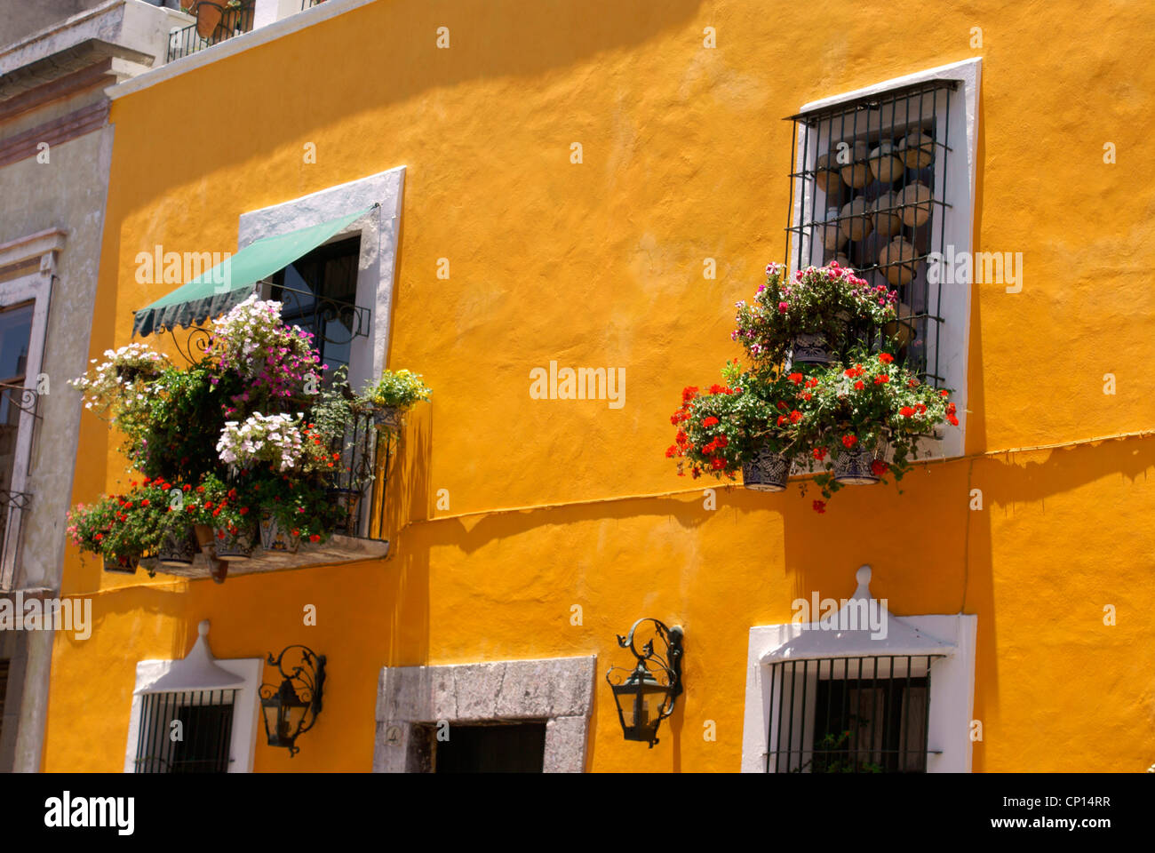 Colorful flowers decorating the windows of a restored Spanis colonial house in the city of Puebla, Mexico. Stock Photo