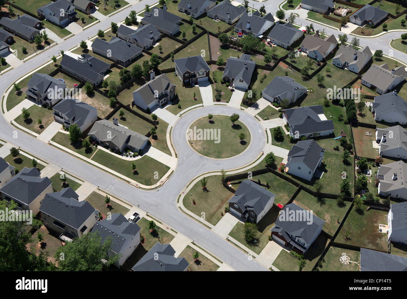 Suburban culdesac homes aerial in the eastern United States. Stock Photo