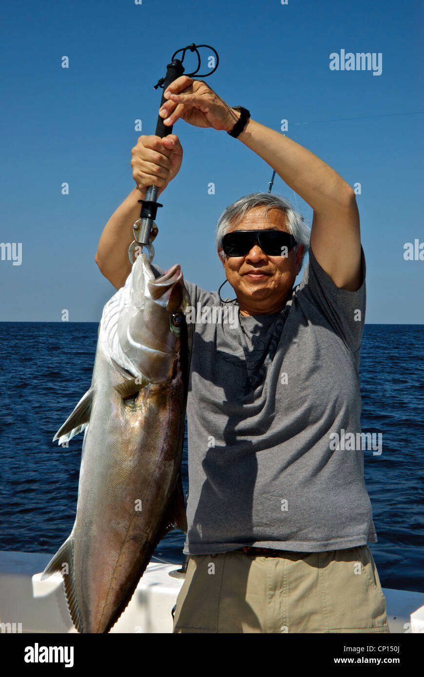 Asian male angler holding big greater amberjack deepsea gamefish lip clamp gaff Gulf Mexico offshore fishing Alabama Coast Stock Photo