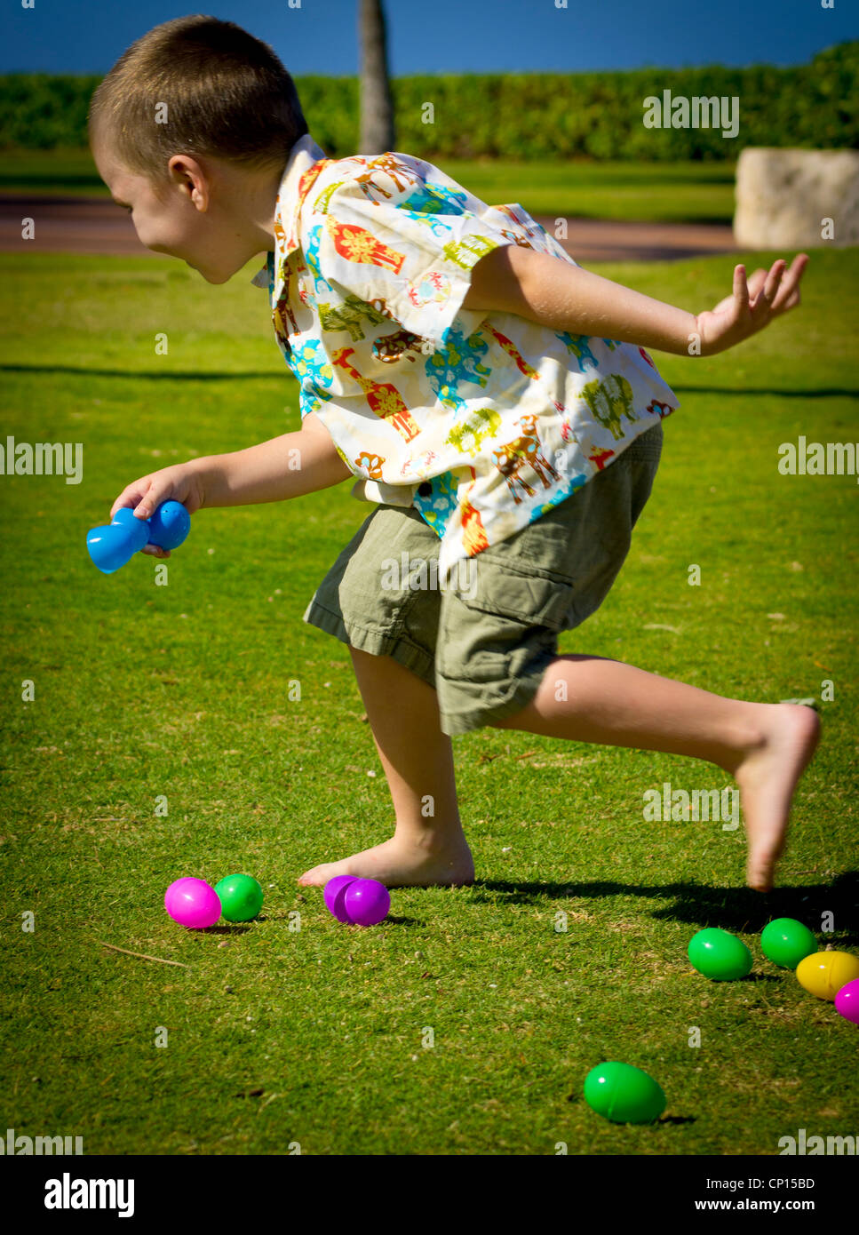 A four year old autistic boy posturing because of all the excitement while playing with the Easter eggs. Stock Photo