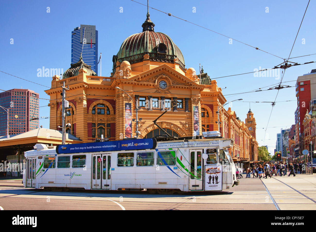 melbourne tram in front of flinders street train station Stock Photo