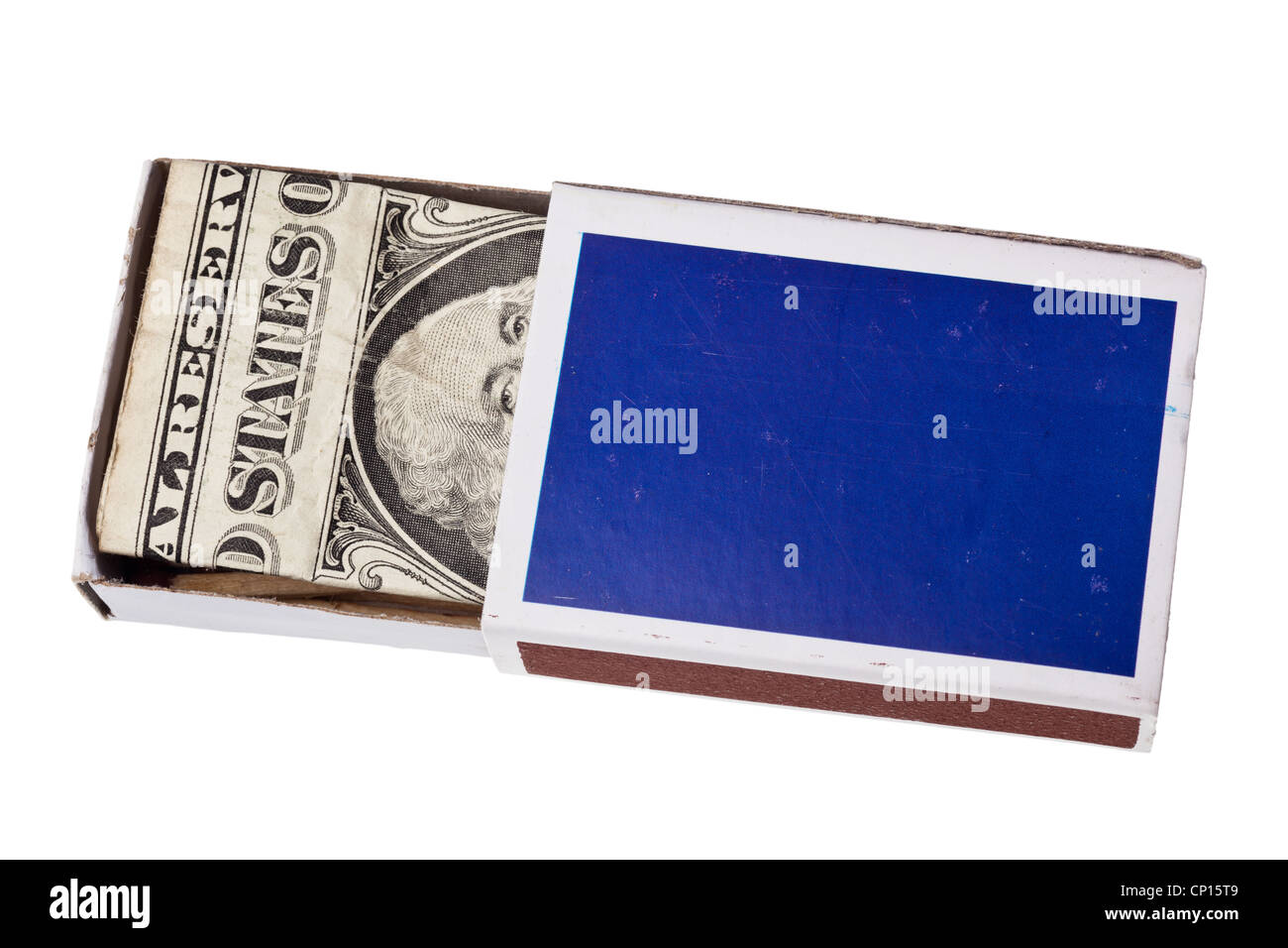 US dollar bill in a matchbox isolated on white background Stock Photo