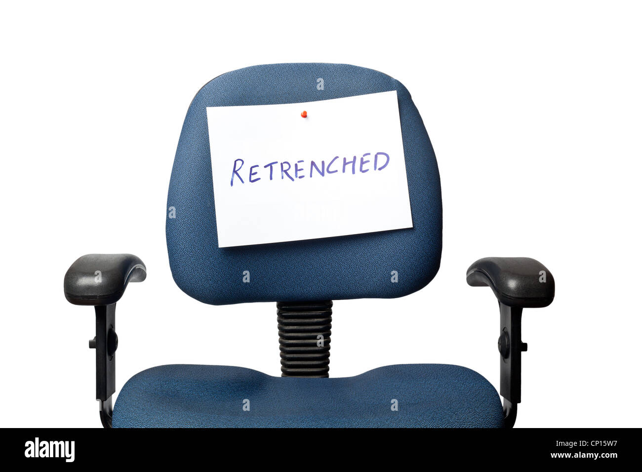 Office chair with a RETRENCHED sign isolated on white background Stock Photo