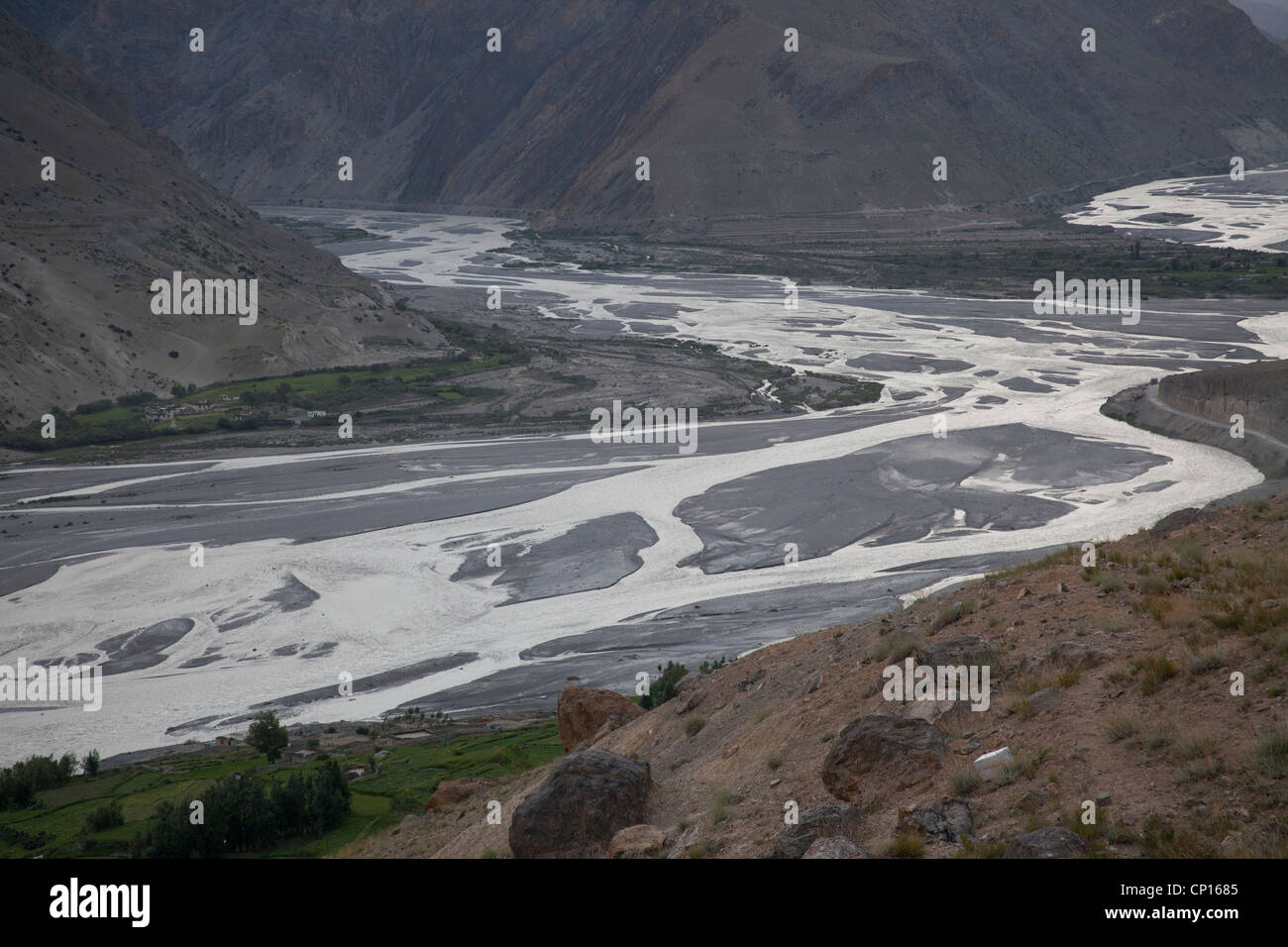 Spiti River winding down the valley at dusk Stock Photo