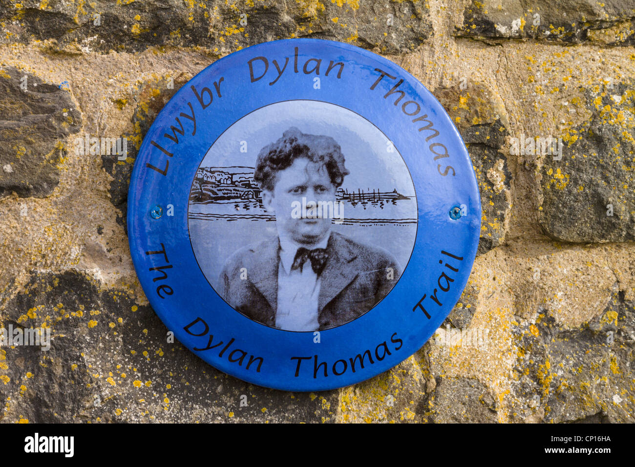 Dylan Thomas Trail plaque, Aberaeron, Wales Stock Photo