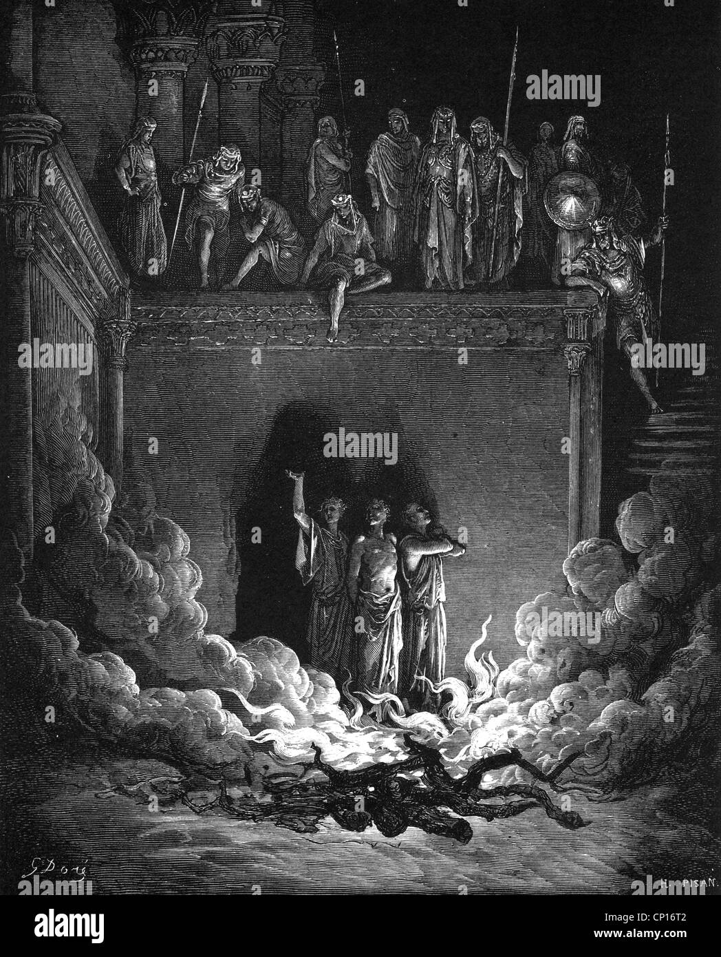 religion, biblical scenes, 'The Men in the fiery furnace', wood engraving to the Bible by Gustave Doré, 1866, Artist's Copyright has not to be cleared Stock Photo