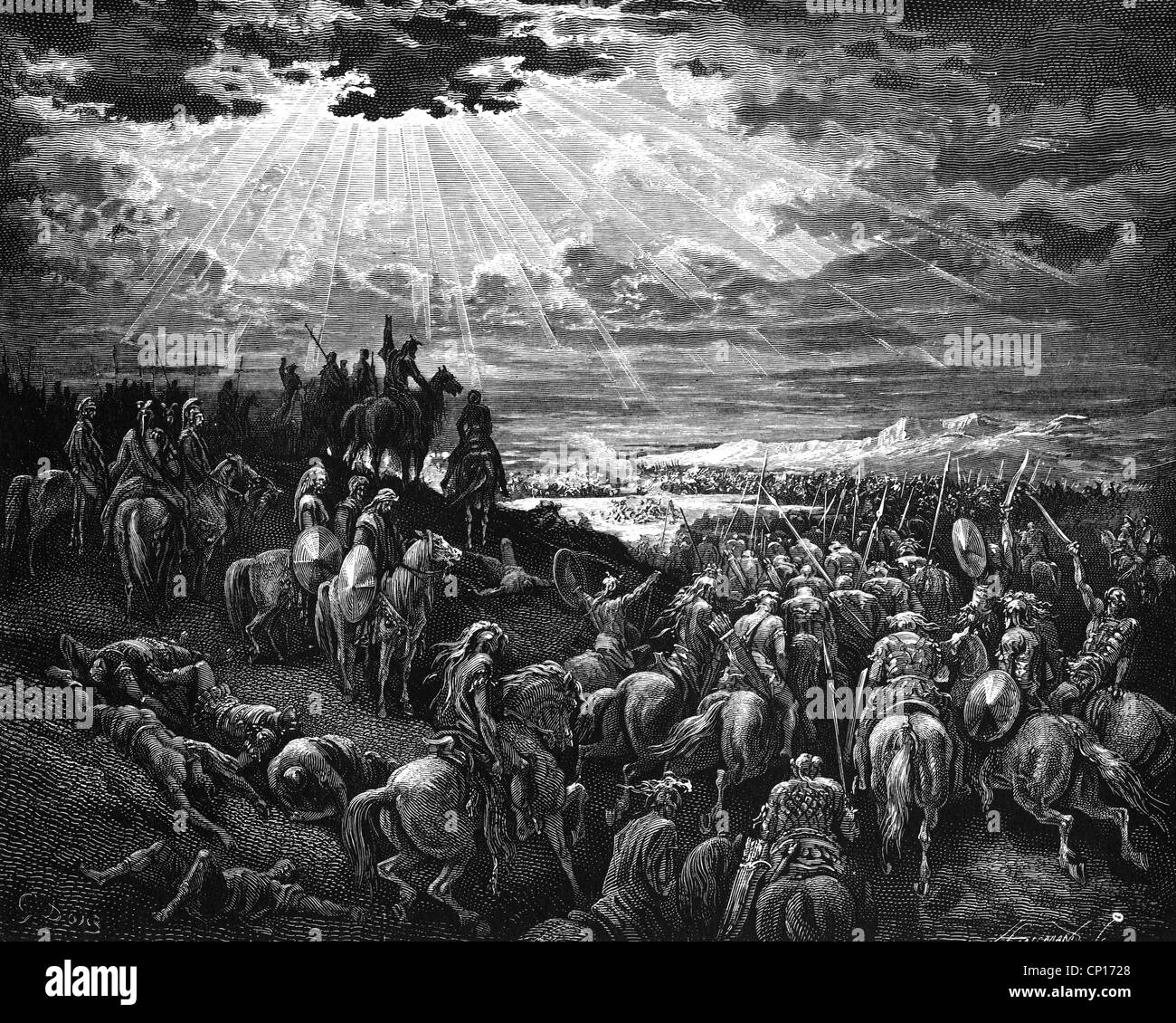 religion, biblical scenes, 'Joshua demands the sun to stand still', wood engraving to the Bible by Gustave Doré, 1866, Artist's Copyright has not to be cleared Stock Photo