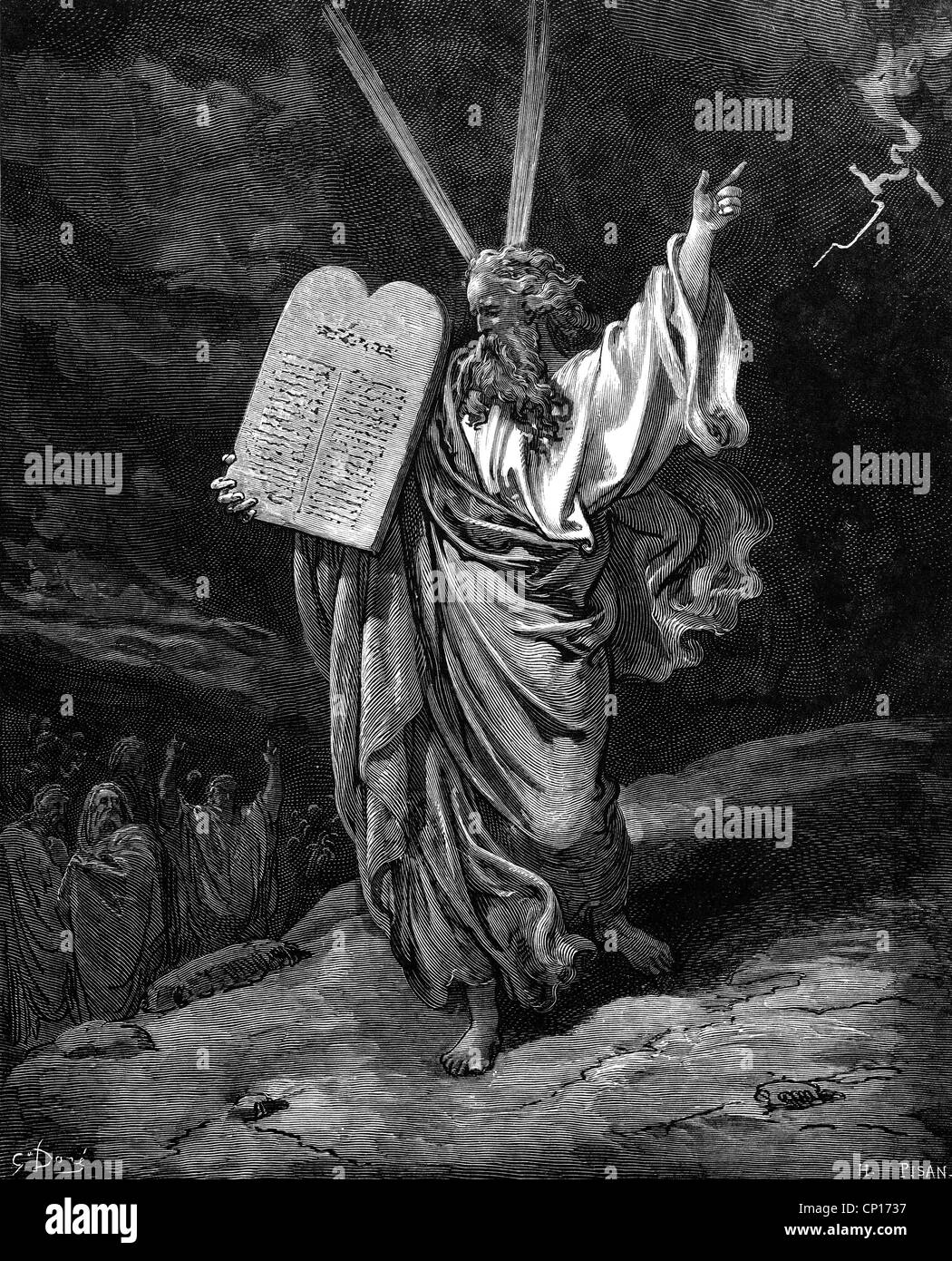 Moses, Hebrew prophet, full length, comming from Mount Sinai, wood engraving by Gustave Doré to