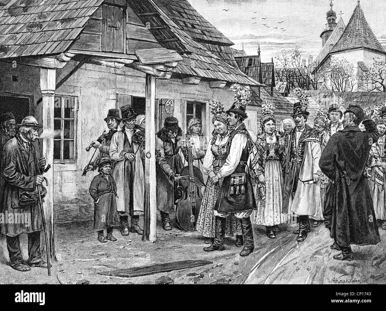 people, marriage, festivity, Krakow farmer's wedding, wood engraving, 19th century, bridal couple, bride, groom, bridegroom, farmer, music, musicians, national costumes, costume, matrimony, Poland, Galicia, Austria-Hungary, Austria - Hungary, historic