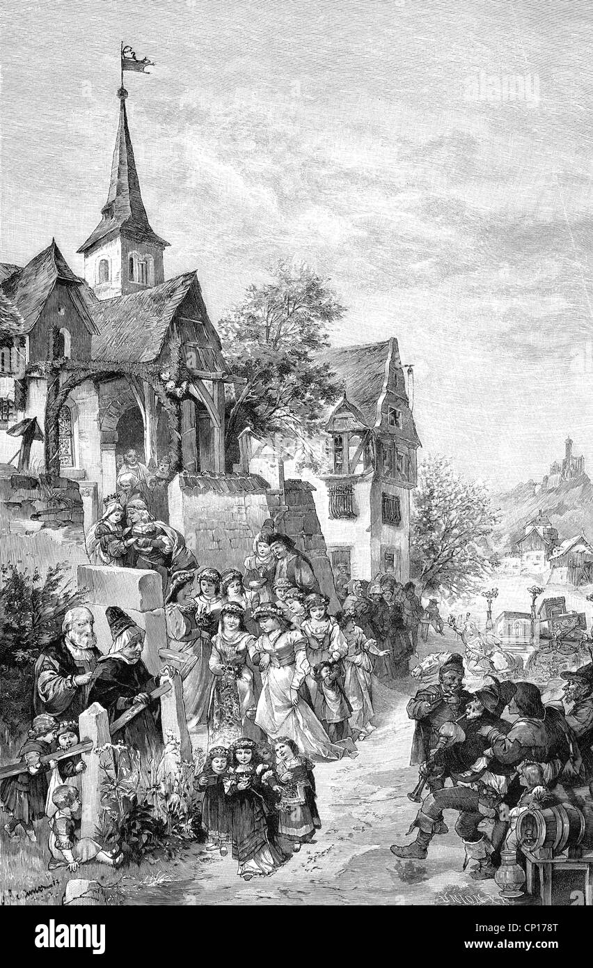 people, marriage, festivity, old German wedding procession in the middle ages, wood engraving after painting by A. Brunner, 19th century, bridal couple, bride, groom, bridegroom, virgins, children, musicians, music, party, church, Germany, historic, historical, medieval, Additional-Rights-Clearences-Not Available Stock Photo