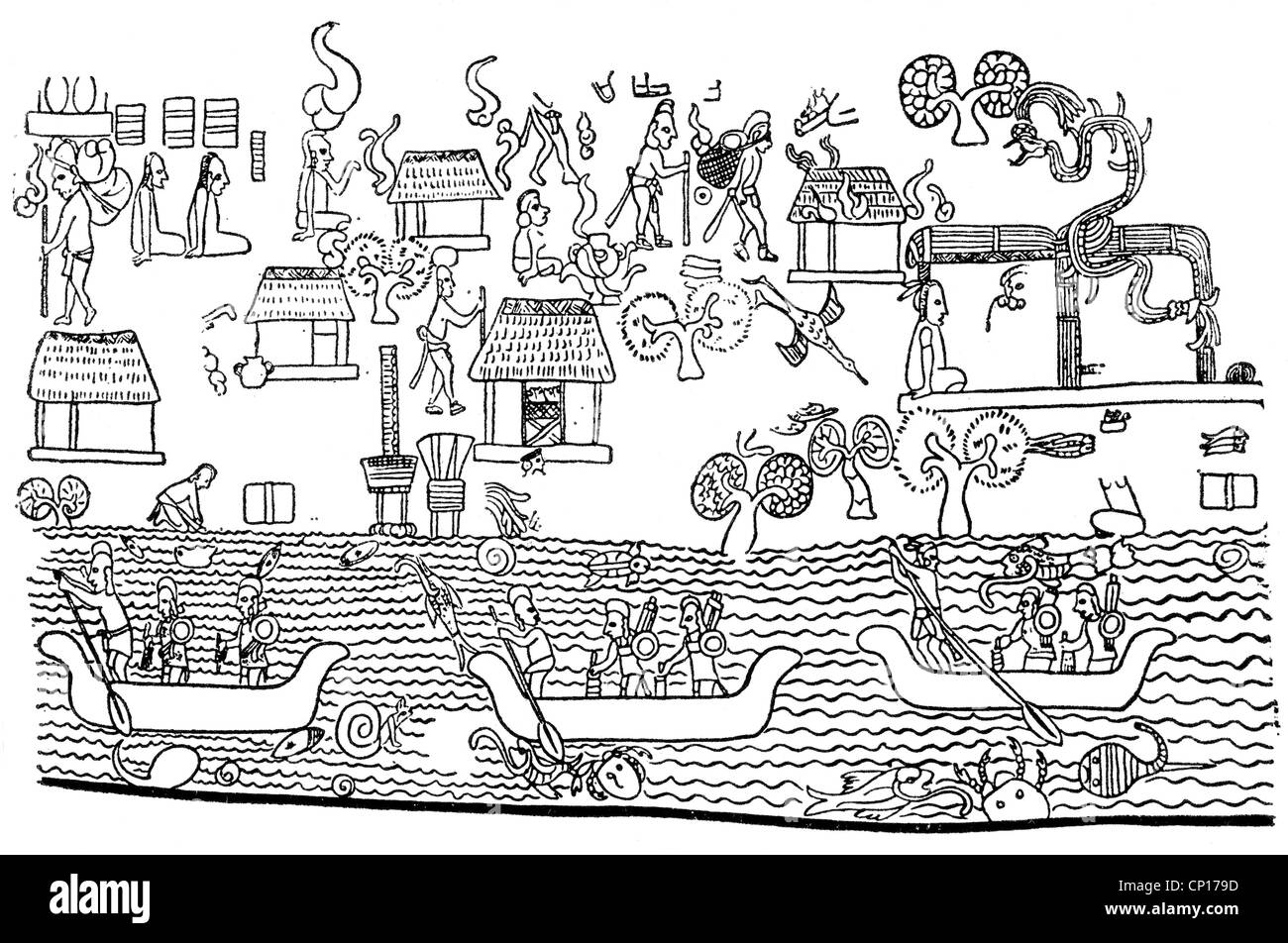 geography / travel, Mexico, tradition / folklore, life in a Maya village at sea coast, after fresco in the temple of inscripts, historic, historical, Central America, Mayas, boat, boat, house, houses, pre-columbian, CEAM, people, Additional-Rights-Clearences-Not Available Stock Photo
