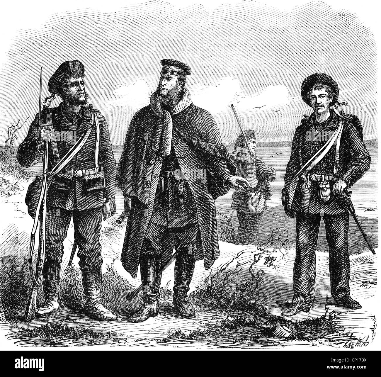 events, Franco-Prussian War 1870 - 1871, soldiers of the German Navy in Orleans, wood engraving after drawing by S. Arnould, 1871, sailor, officer, engineer, field equipment, German, France, Franco - Prussian, 19th century, historic, historical, people, Additional-Rights-Clearences-Not Available Stock Photo