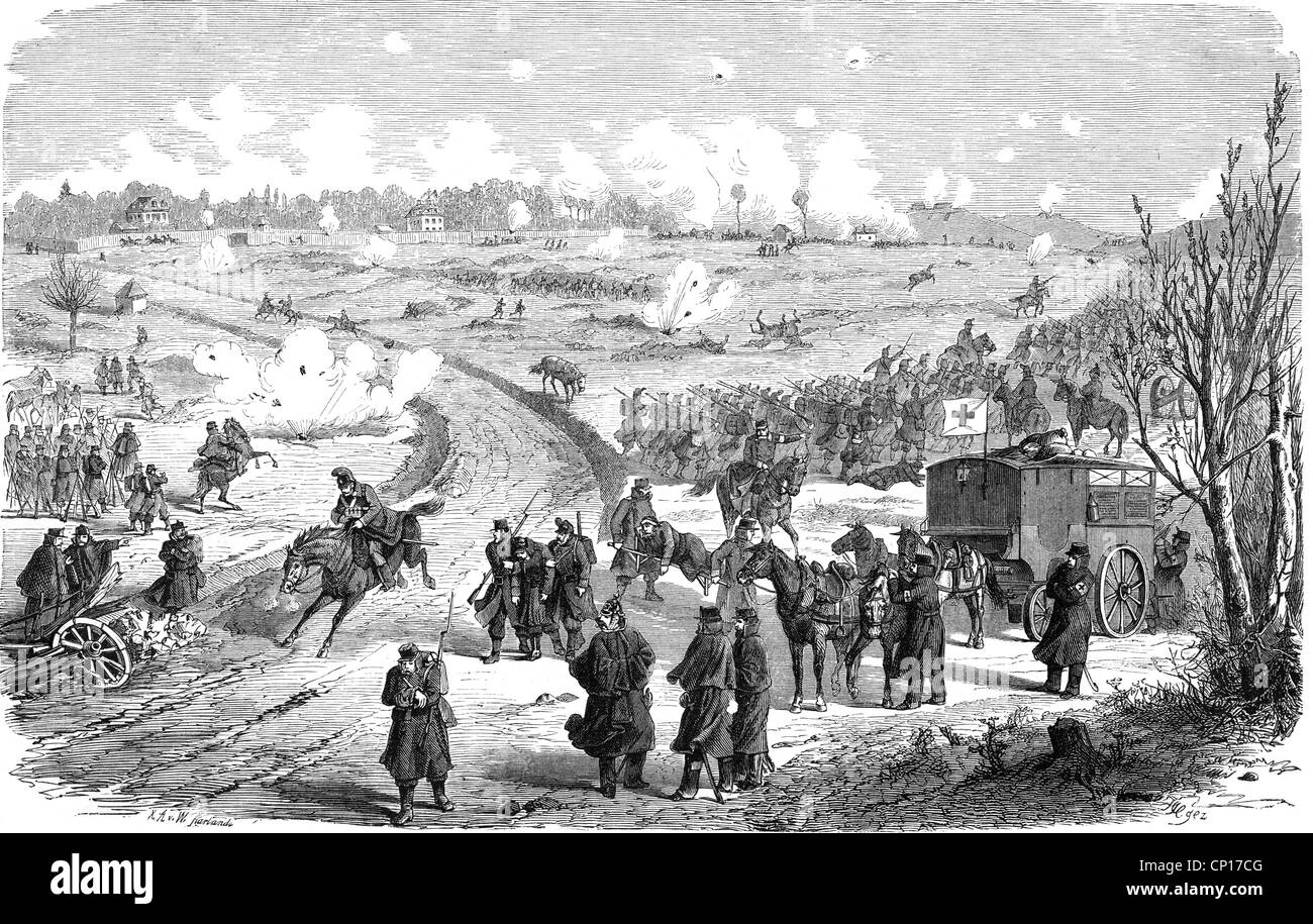 events, Franco-Prussian War 1870 - 1871, Siege of Paris, 19.9.1870 - 28.1.1871, German troops in the shelling at Villiers, wood engraving after drawing by F. W. Heine, 1870, sortie, soldiers, artillery, infantry, Fort Rogent, Fort Rosny, medical service, ambulance, Red Cross, grenades, France, Germany, Franco - Prussian, historic, historical, 19th century, people, Additional-Rights-Clearences-Not Available Stock Photo